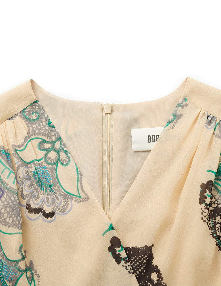 BORA AKSU V-Neck Puff Sleeve Floral Lace Print Pleated Midi Wrap Dress