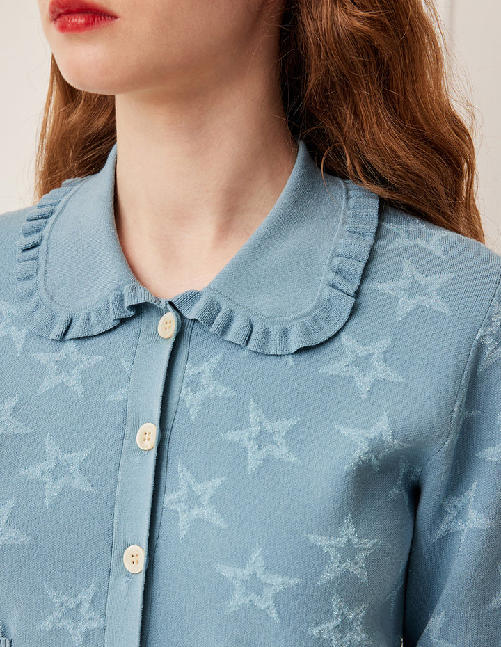 BORA AKSU Ruffled Peter Pan Collar Star Pattern Jacquard Long Sleeve Knit Cardigan