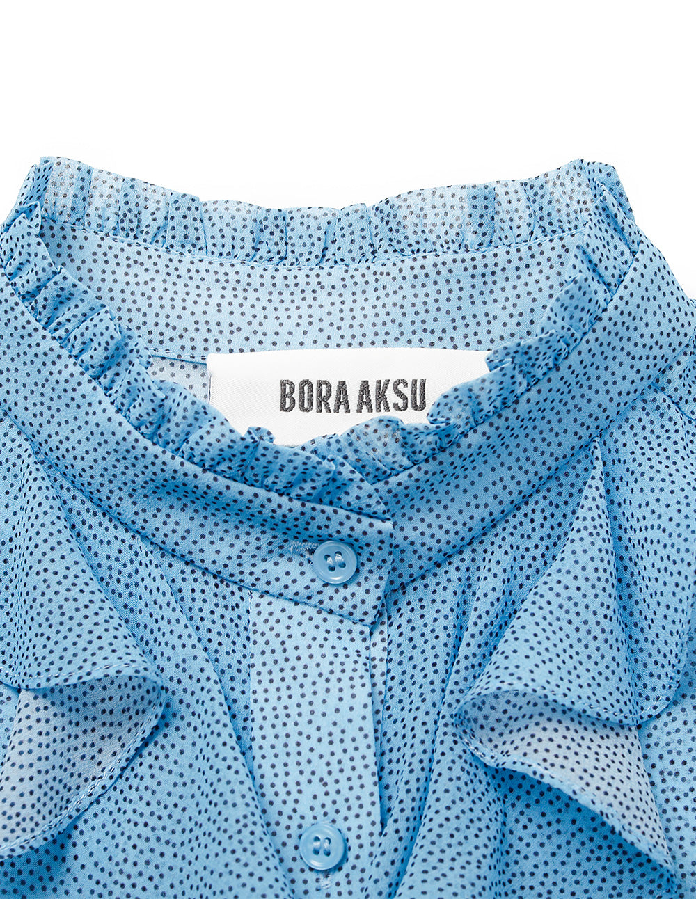BORA AKSU Ruffle Stand Collar Polka Dots Puff Short Sleeve Blouse