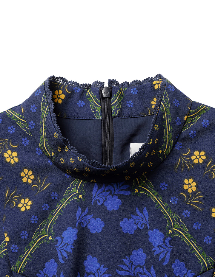 BORA AKSU Small Stand Collar Printed Long Sleeve Pleated Midi Dress