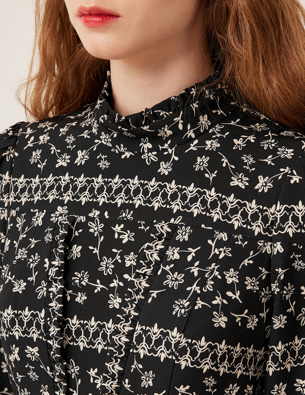 BORA AKSU Mandarin Collar Floral Print Long Sleeve A-Line Midi Dress