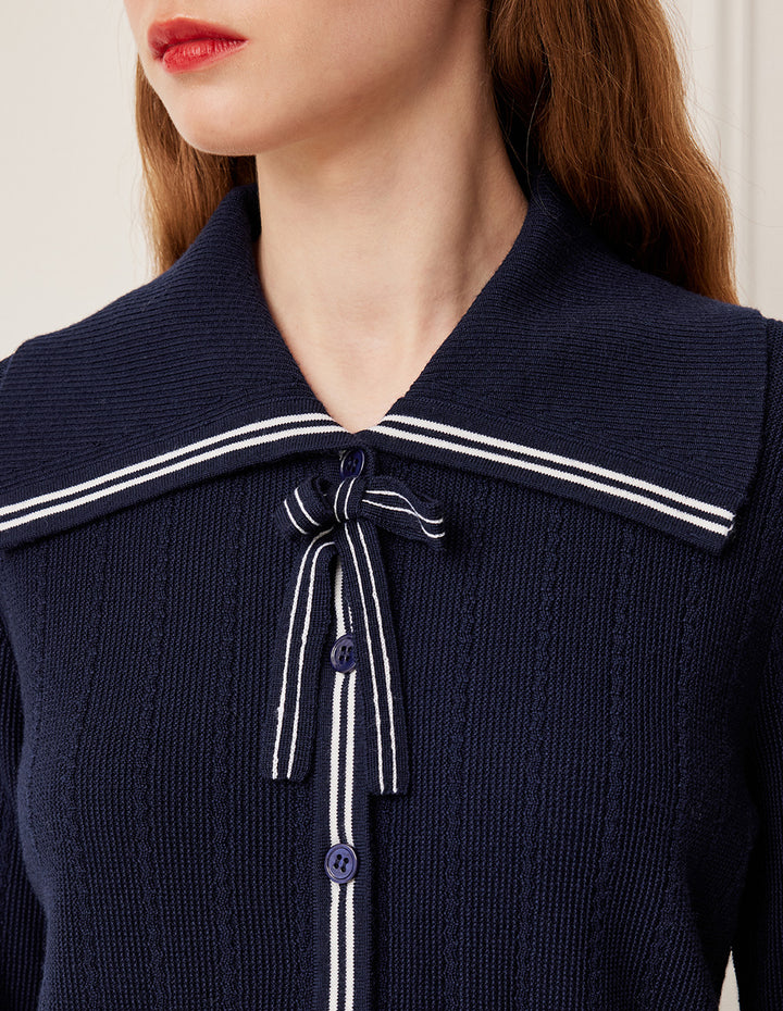 BORA AKSU Navy Blue Bow Tie Long Sleeve Wool Knit Cardigan