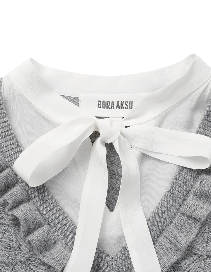 BORA AKSU Tie-Up Collar Ruffled Patchwork Knitted Sweater
