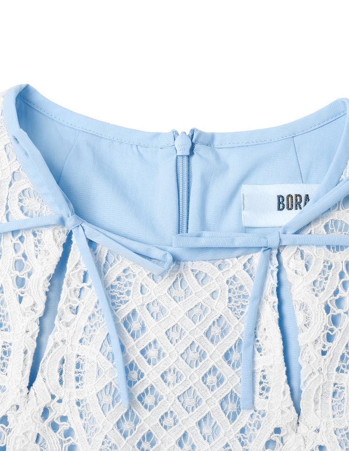 BORA AKSU Romantic Blue And White Lace Court Style Dress