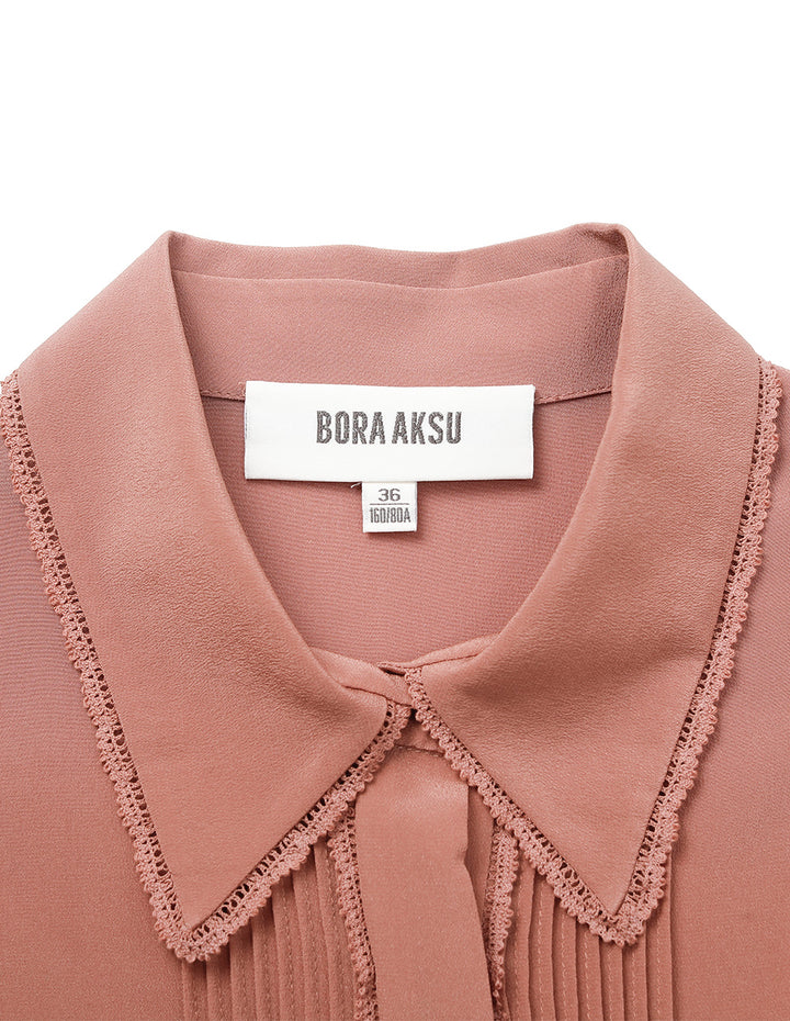 BORA AKSU Turn-Down Collar Long Sleeve Lace Trim Silk Blouse