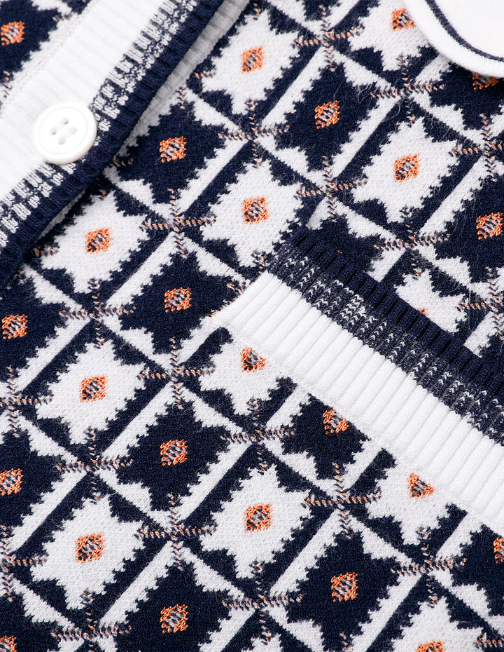 BORA AKSU Retro Contrasting Geometric Pattern Lapel Knitted Dress