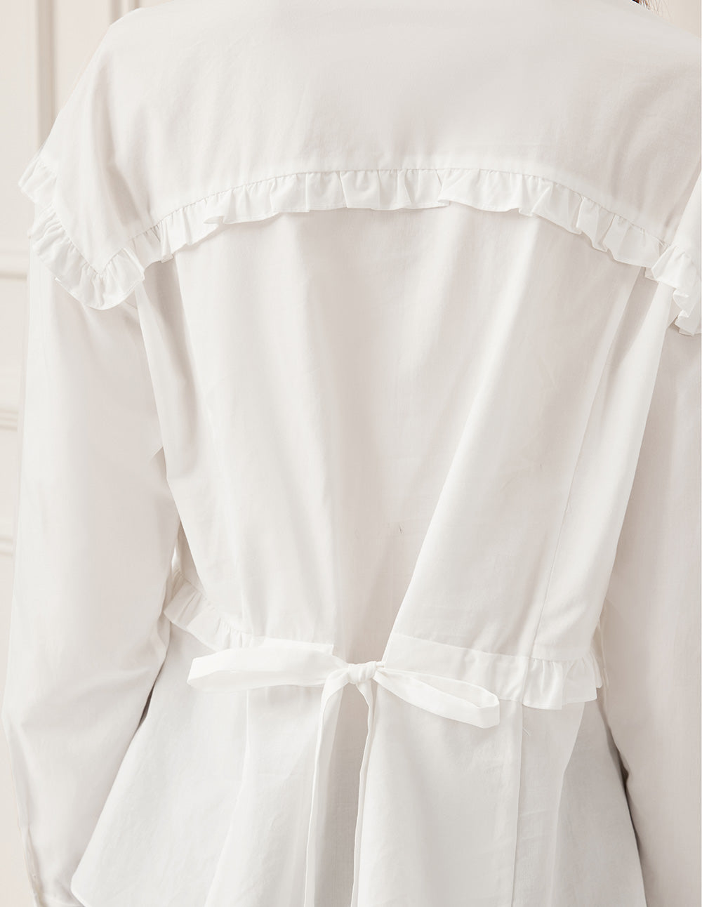 BORA AKSU Adjustable Ruffle-Trim White Cotton Long-Sleeve Blouse