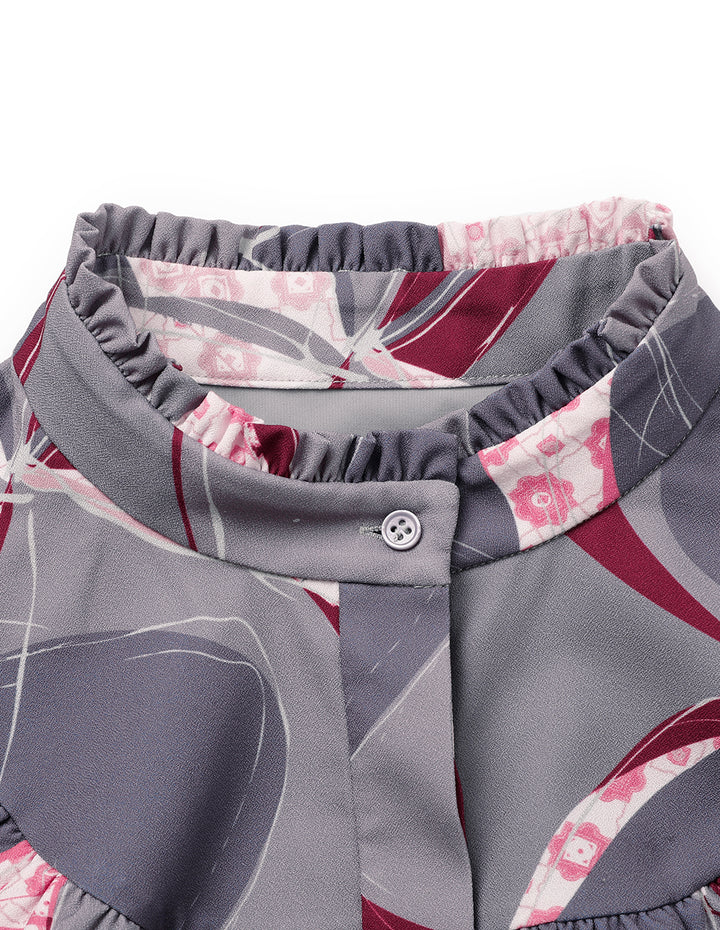 BORA AKSU Stand Collar Ruffled Puff Sleeves Abstract-Print Dress