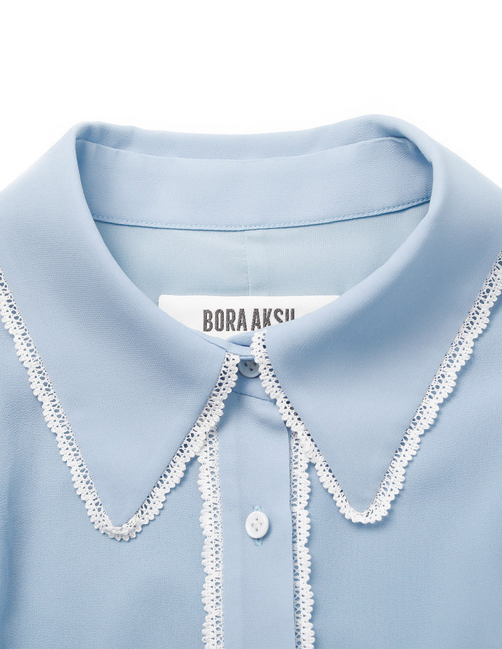 BORA AKSU Puff-Sleeve Lace-Trimmed Pleated Midi Shirt Dress