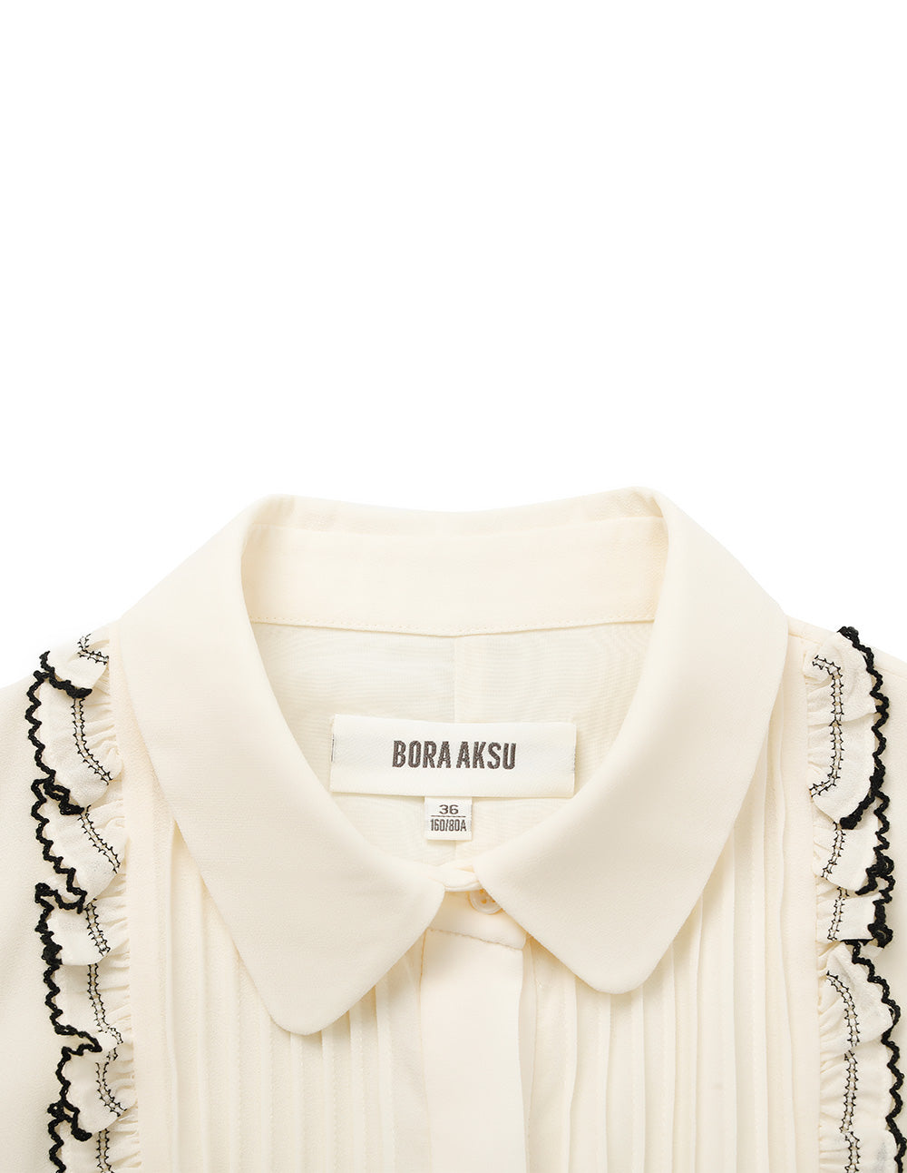 BORA AKSU Turn-Down Collar Puff Short Sleeve Pin-Tuck Black Ruffled-Trimmed Midi Shirt Dress