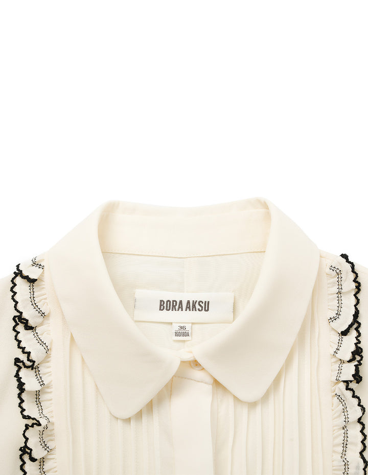 BORA AKSU Turn-Down Collar Puff Short Sleeve Pin-Tuck Black Ruffled-Trimmed Midi Shirt Dress