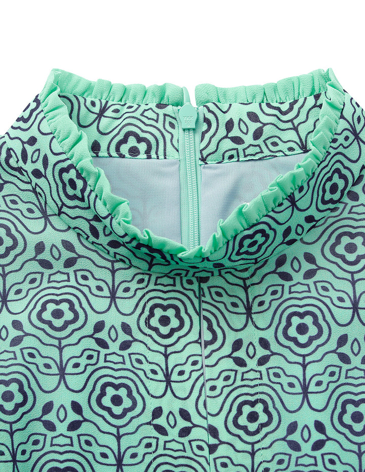 BORA AKSU Stand Collar Puff Short-Sleeve Pleated Print Midi Dress