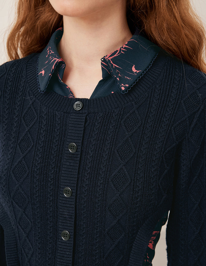 BORA AKSU Notched Collar Wool Knit Patchwork Printed Midi Dress