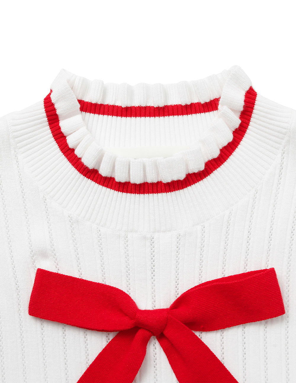 BORA AKSU Ruffled Stand-Collar Short-Sleeve Pointelle Knit Pullover With Bow Decoration