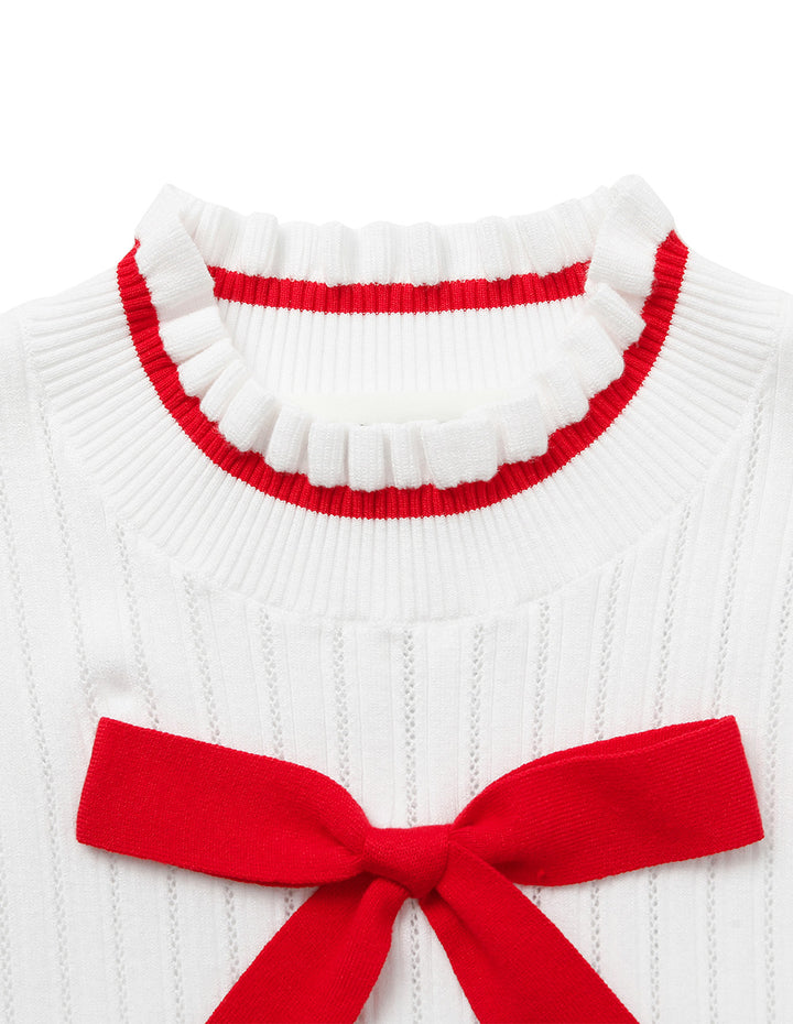 BORA AKSU Ruffled Stand-Collar Short-Sleeve Pointelle Knit Pullover With Bow Decoration