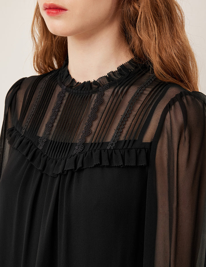 BORA AKSU Ruffled Round Neck Sheer Black Long Sleeve Silk Blouse
