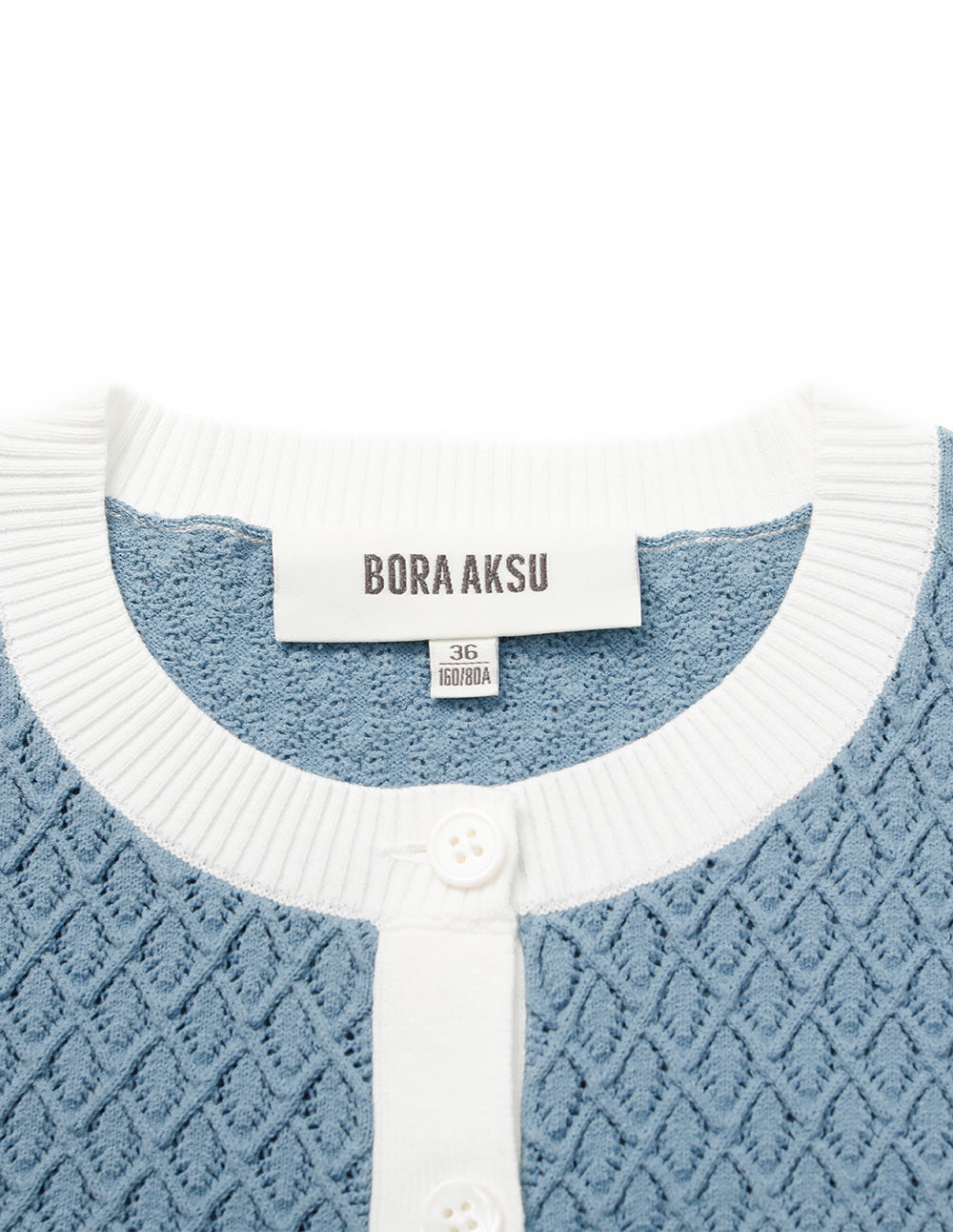 BORA AKSU Round Neck White Stripe Trim 3D Crochet Long Sleeve Knit Cardigan