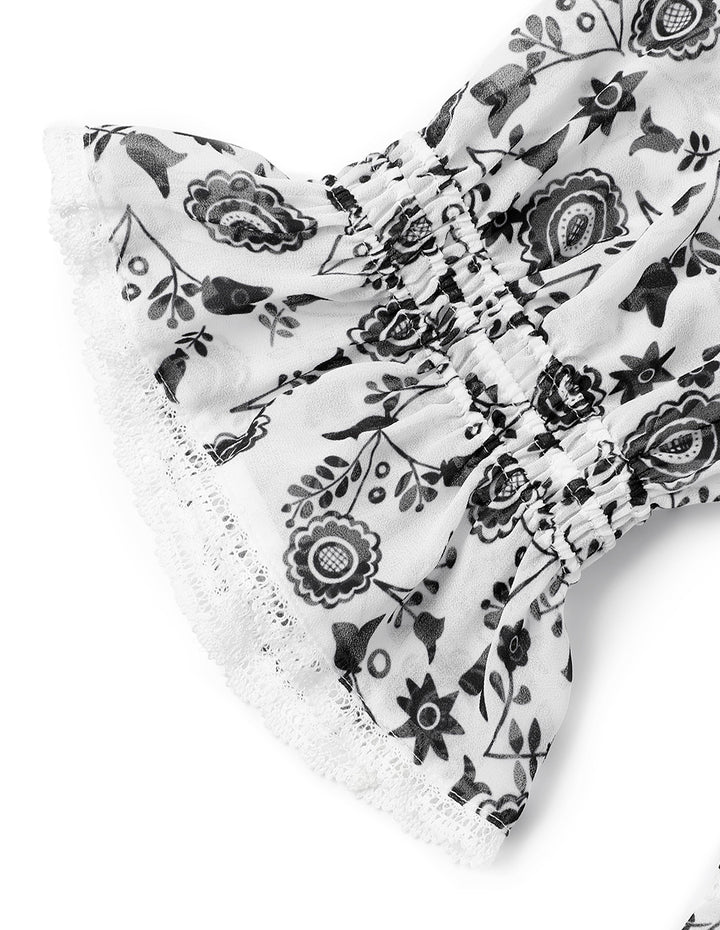 BORA AKSU Retro Square Neck Puff Sleeve Ruffle Print Dress