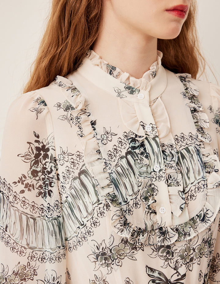 BORA AKSU Stand Collar Ruffled-Trimmed Long Sleeve Ink-Print Belted Pleated Midi Dress