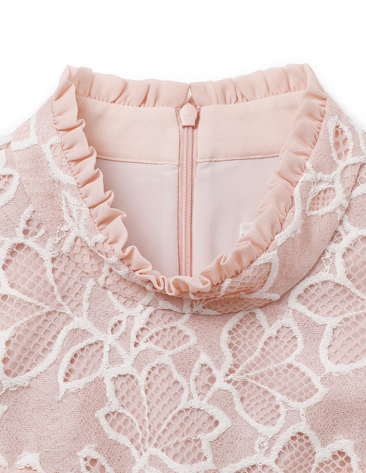 BORA AKSU Retro Puff Sleeve Lace Patchwork Ruffle Dress