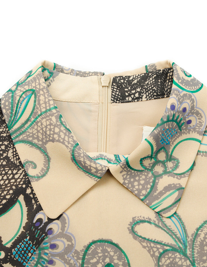 BORA AKSU Peter Pan Collar Bubble Short Sleeve Floral Lace Print Midi Dress