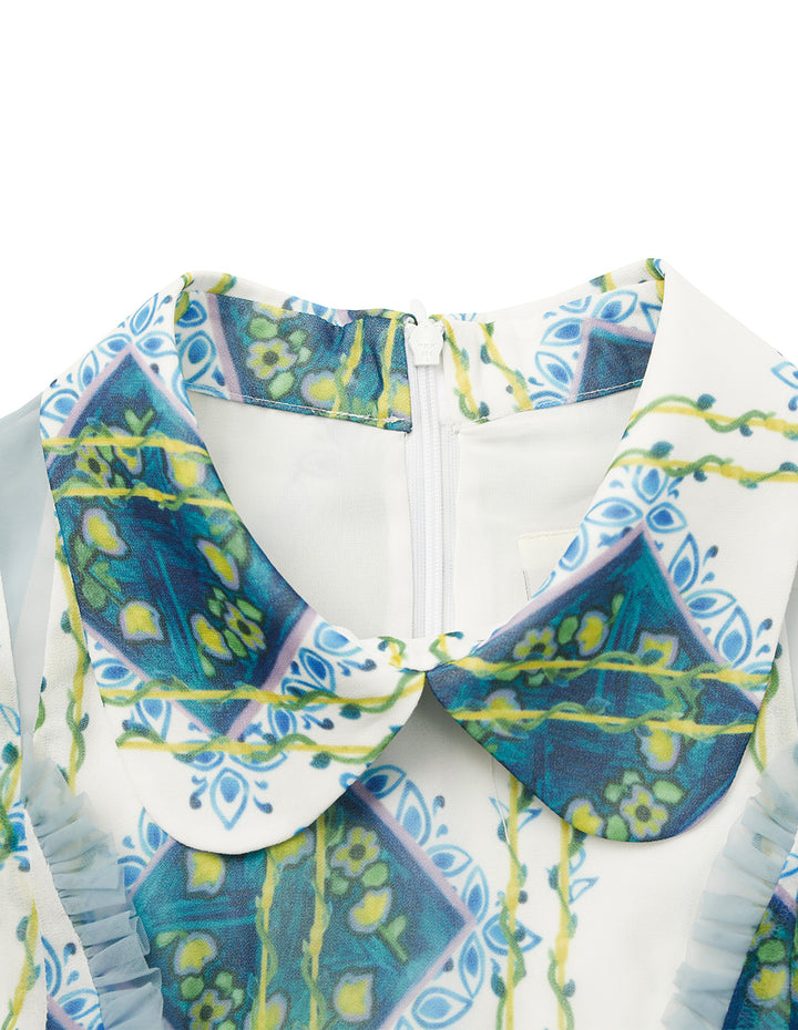 BORA AKSU Lapel Puff Short Sleeve Empire-Waist Geometric Print Pleated Midi Dress