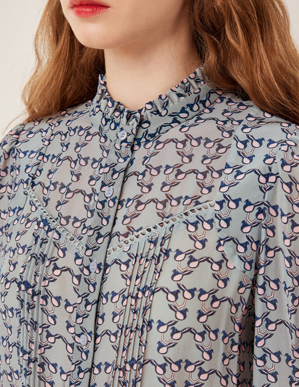 BORA AKSU Ruffled Stand Collar Long Sleeve Pin Tuck Floral Print Silk Blouse