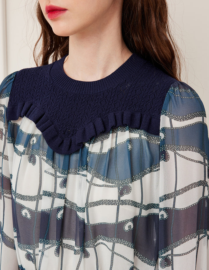 BORA AKSU Knitted Round Neck Patchwork Blue Ocean Print Long Sleeve Cropped Top