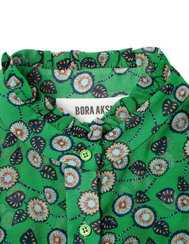 BORA AKSU French Stand-Up Collar Puff Sleeves Ruffled Green Printed Blouse