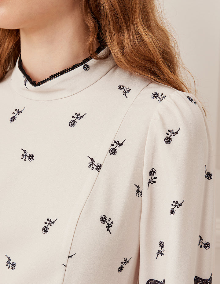 BORA AKSU Ruffled Mandarin Collar Floral Print Long Puff Sleeve Midi Dress