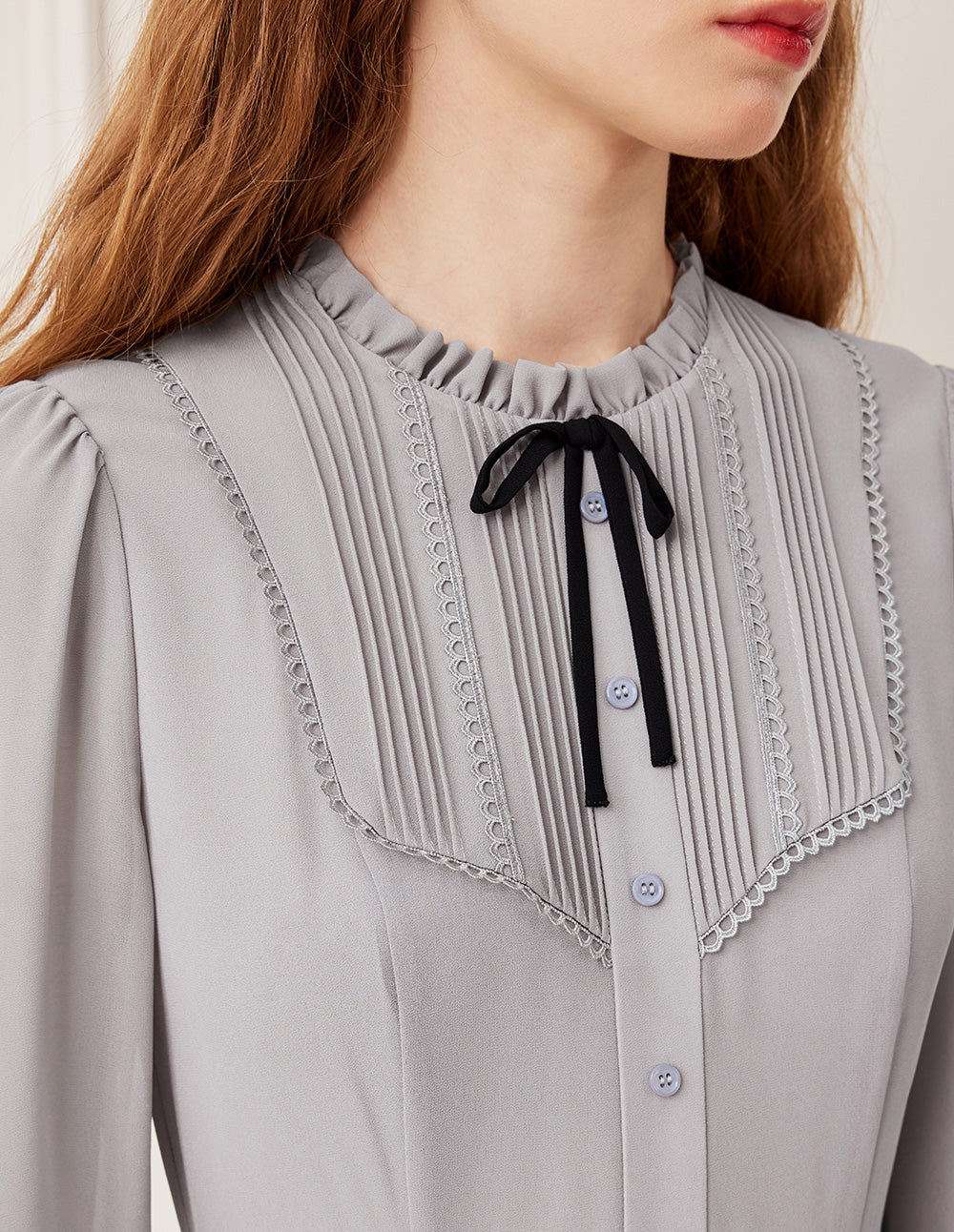 BORA AKSU Ruffled Round Neck Long Sleeve Pin-Tuck Velvet Trimmed Midi Dress