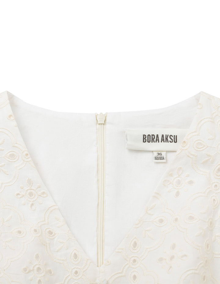 BORA AKSU V-Neck Bubble Short-Sleeve Hollow Out Embroidered Layered Pleated Dress