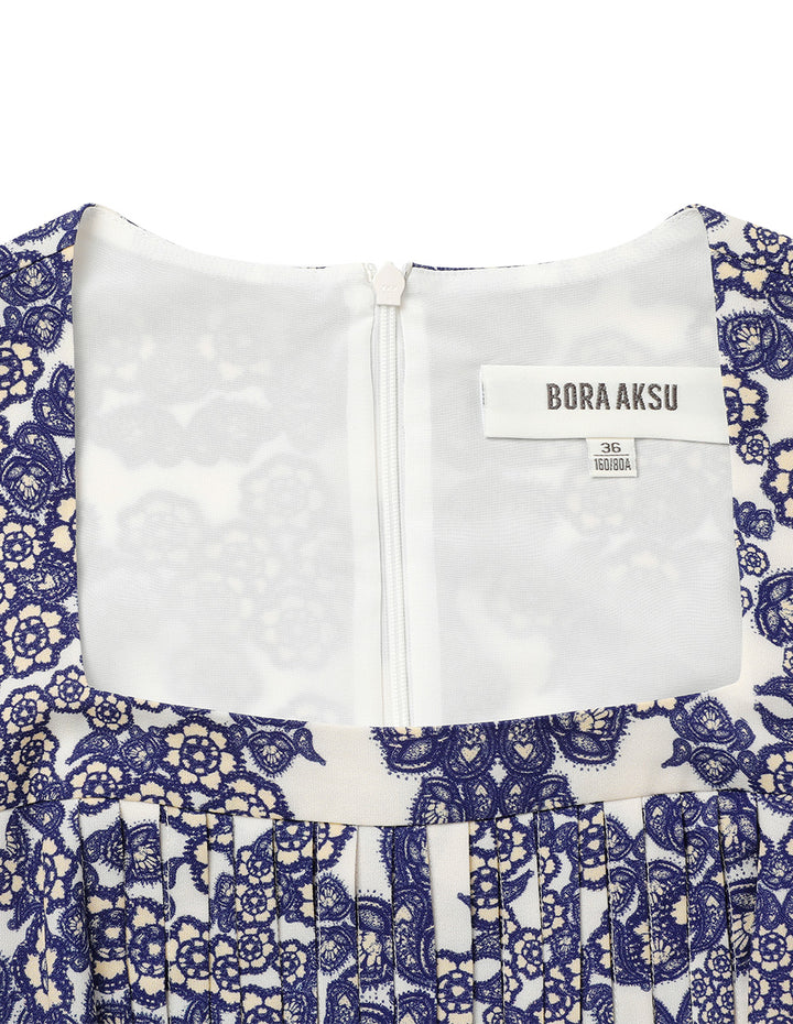 BORA AKSU Retro Square Neck Long Sleeve Pleated Printed Dress