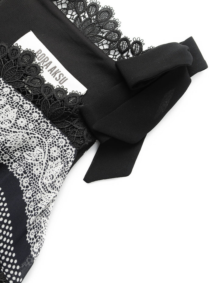 BORA AKSU Sleeveless Ruffle Lace Layered Printed Apron Dress