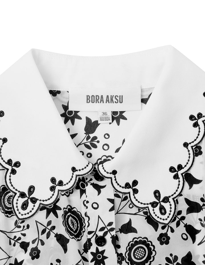 BORA AKSU Silk Puff Sleeve Retro Embroidered Collar Printed Blouse