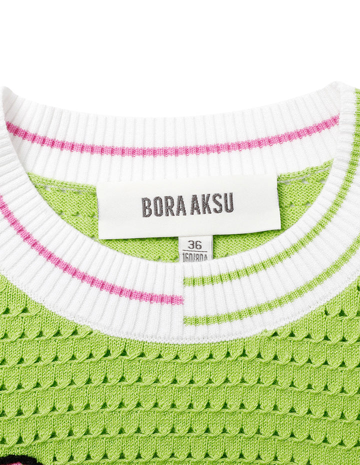 BORA AKSU Handhook Cat Pattern Hollow Textured Knitted T-shirt