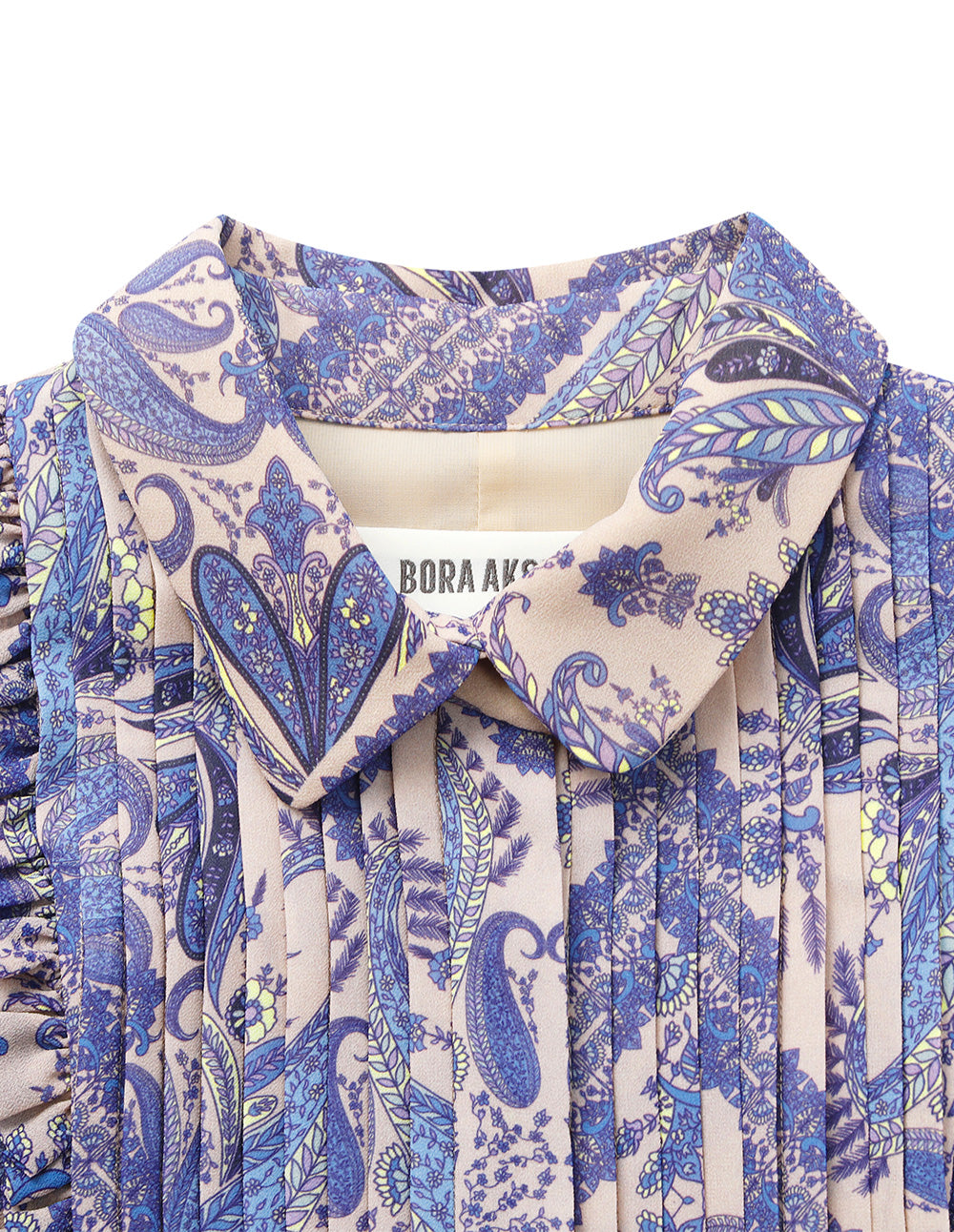 BORA AKSU Tuxedo-Shirt Collar Puff Sleeve Paisley Print Pleated Midi Shirt Dress