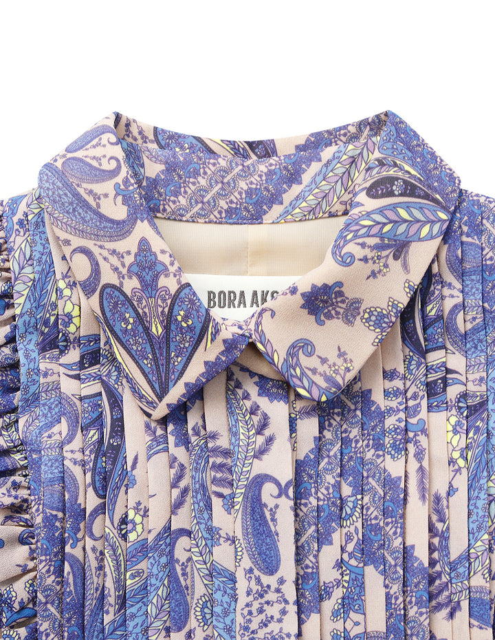 BORA AKSU Tuxedo-Shirt Collar Puff Sleeve Paisley Print Pleated Midi Shirt Dress