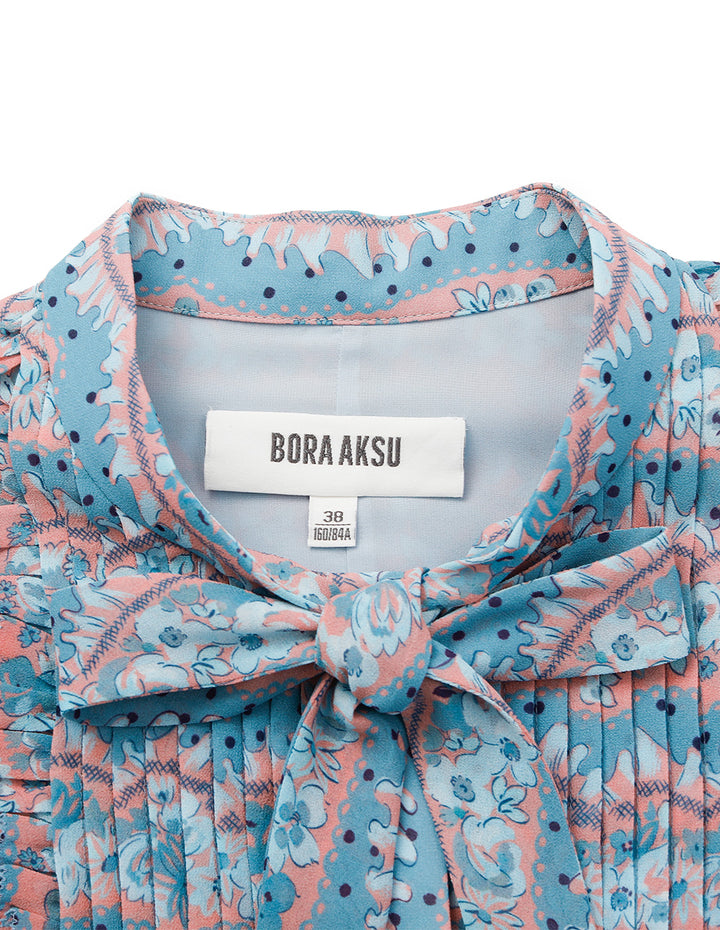 BORA AKSU Butterfly-Knot Collar Bubble Sleeve Floral Print Midi Dress