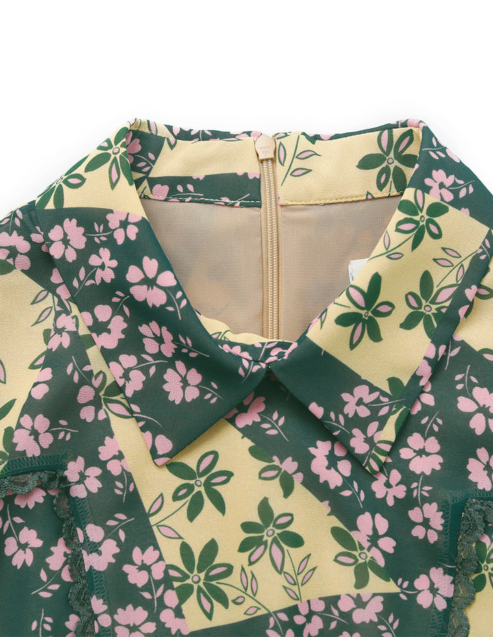 BORA AKSU Shirt-Collared Bubble Sleeve Floral Printed Pleated Midi Dress