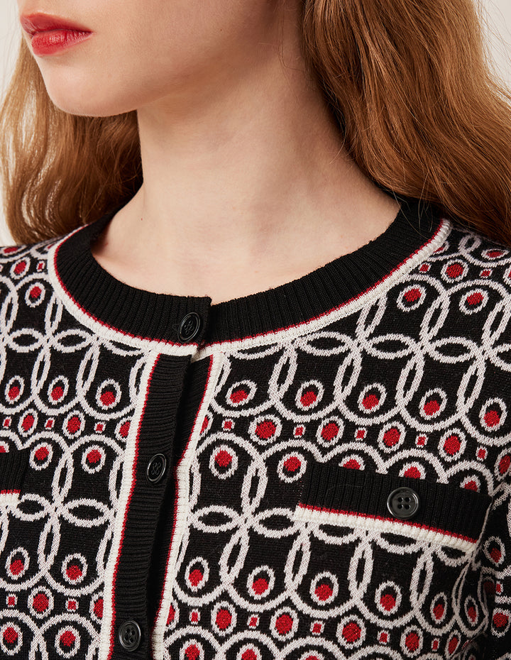 BORA AKSU Round Neck Long Sleeve Polka Dot Wool Knit Cardigan with 4 Pockets