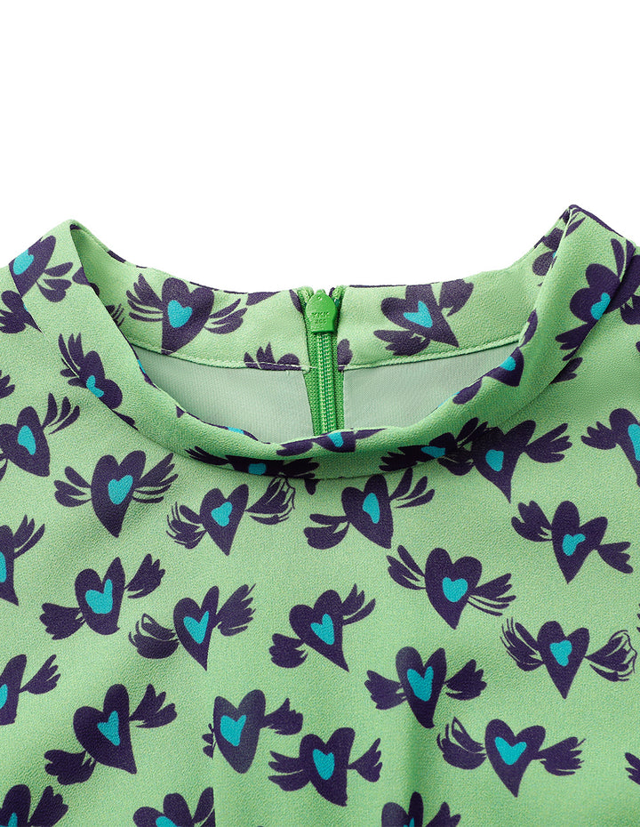 BORA AKSU Stand Collar Puff Short-Sleeve Heart Print Empire-Waist Pleated Midi Dress