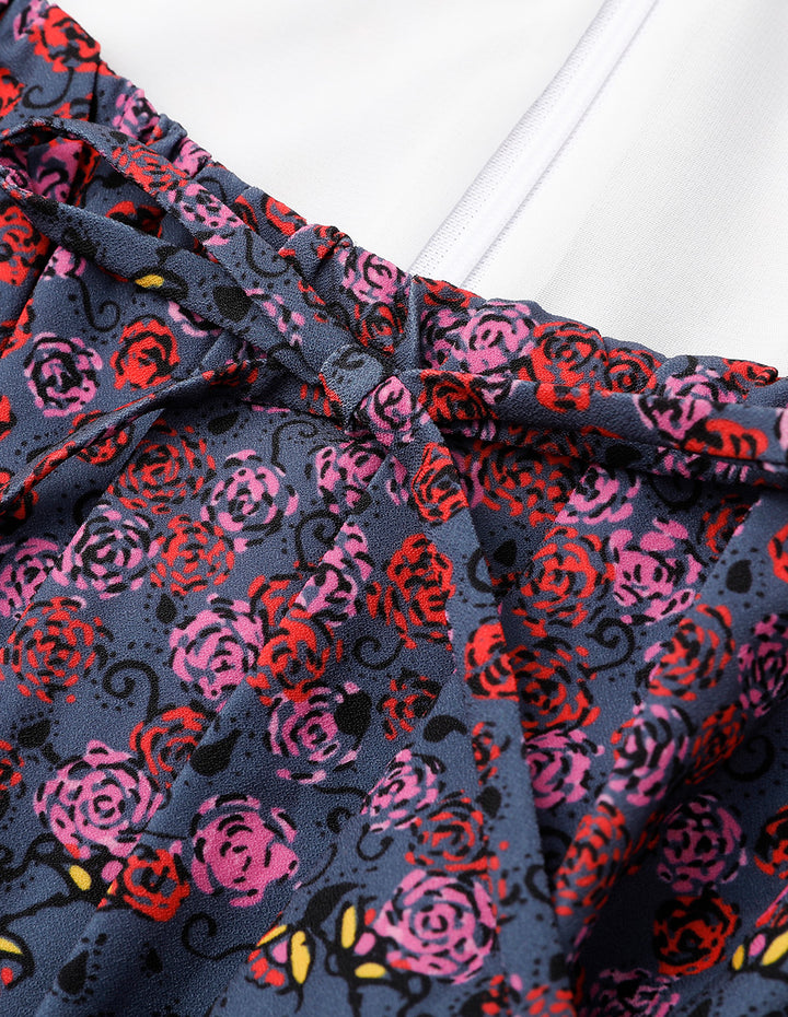 BORA AKSU Square Neck Puff Sleeve Pleated Ruffle Print Dress