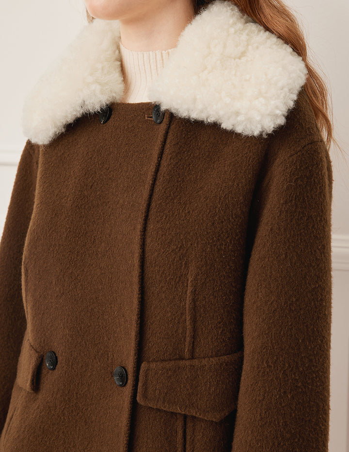 BORA AKSU Faux Fur Collar Double-Breasted Mocha Brown Wool Coat