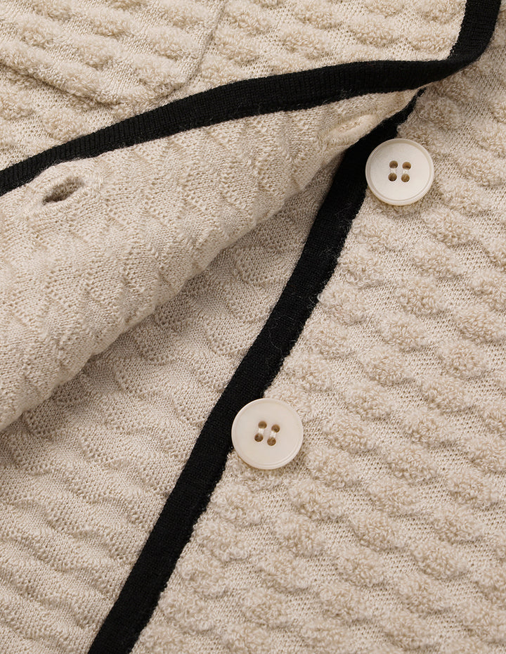 BORA AKSU Notched Collar Camel Black Trim Short Wool Jacquard Knit Cardigan