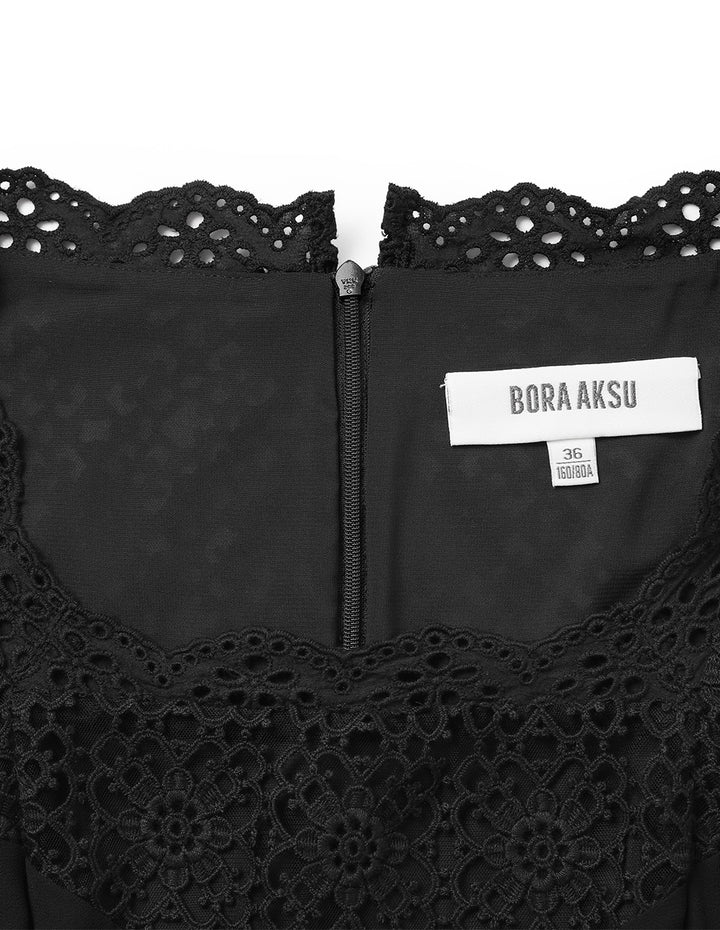 BORA AKSU Palace Style Classic Square Neck Lace Splicing Tiered Skirt Dress