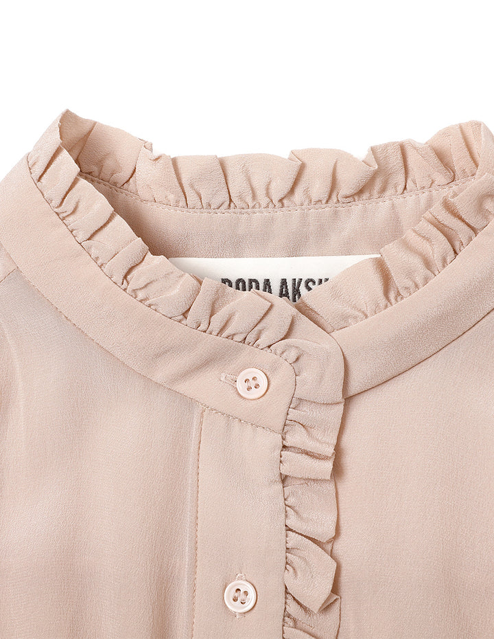 BORA AKSU Mulberry Silk Puff-Sleeved Elegant Ruffles Stand-Collar Blouse