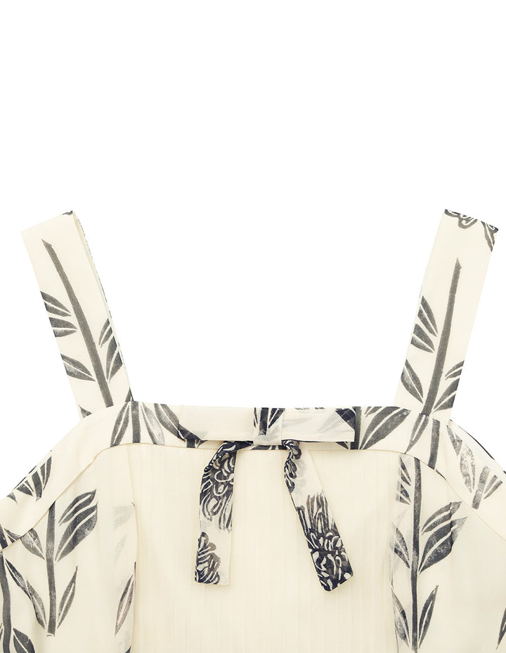 BORA AKSU Square Neck-Sleeveless Pin-Tuck Floral Print Flounce Midi Apron Dress