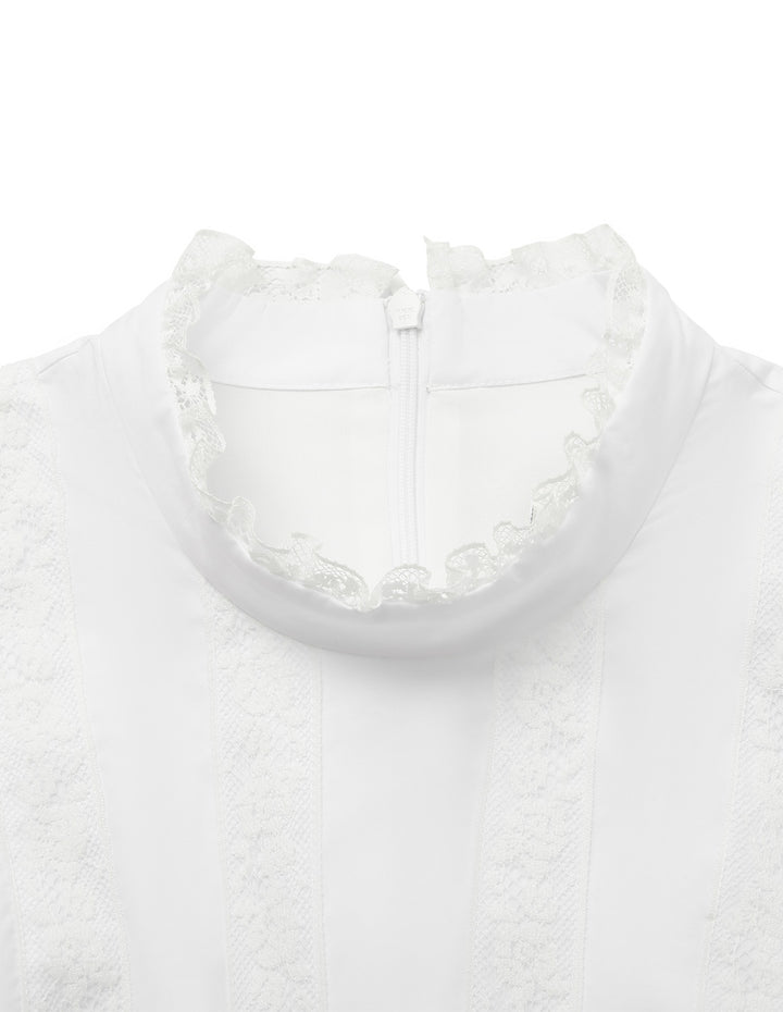 BORA AKSU Lace Stand Collar Puff Sleeve Pleated Midi Dress