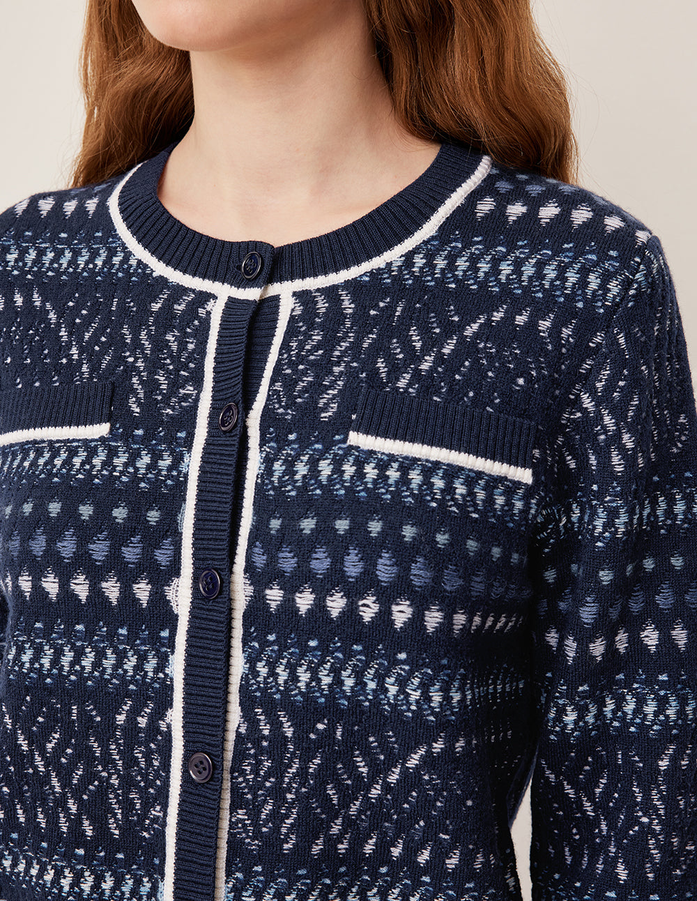 BORA AKSU Round Neck Navy Jacquard Long Sleeve Wool Cardigan